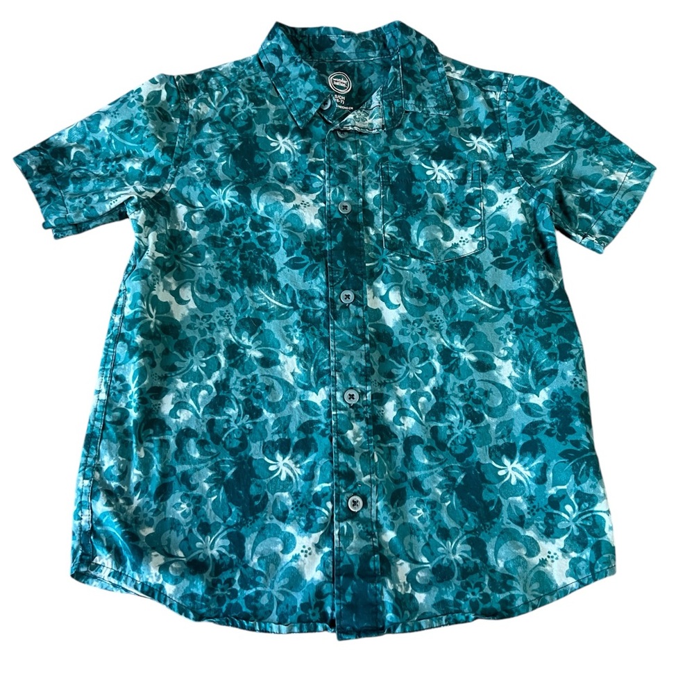 Wondernation Short Sleeve Floral Print Button Down Shirt Teal Size Youth Small